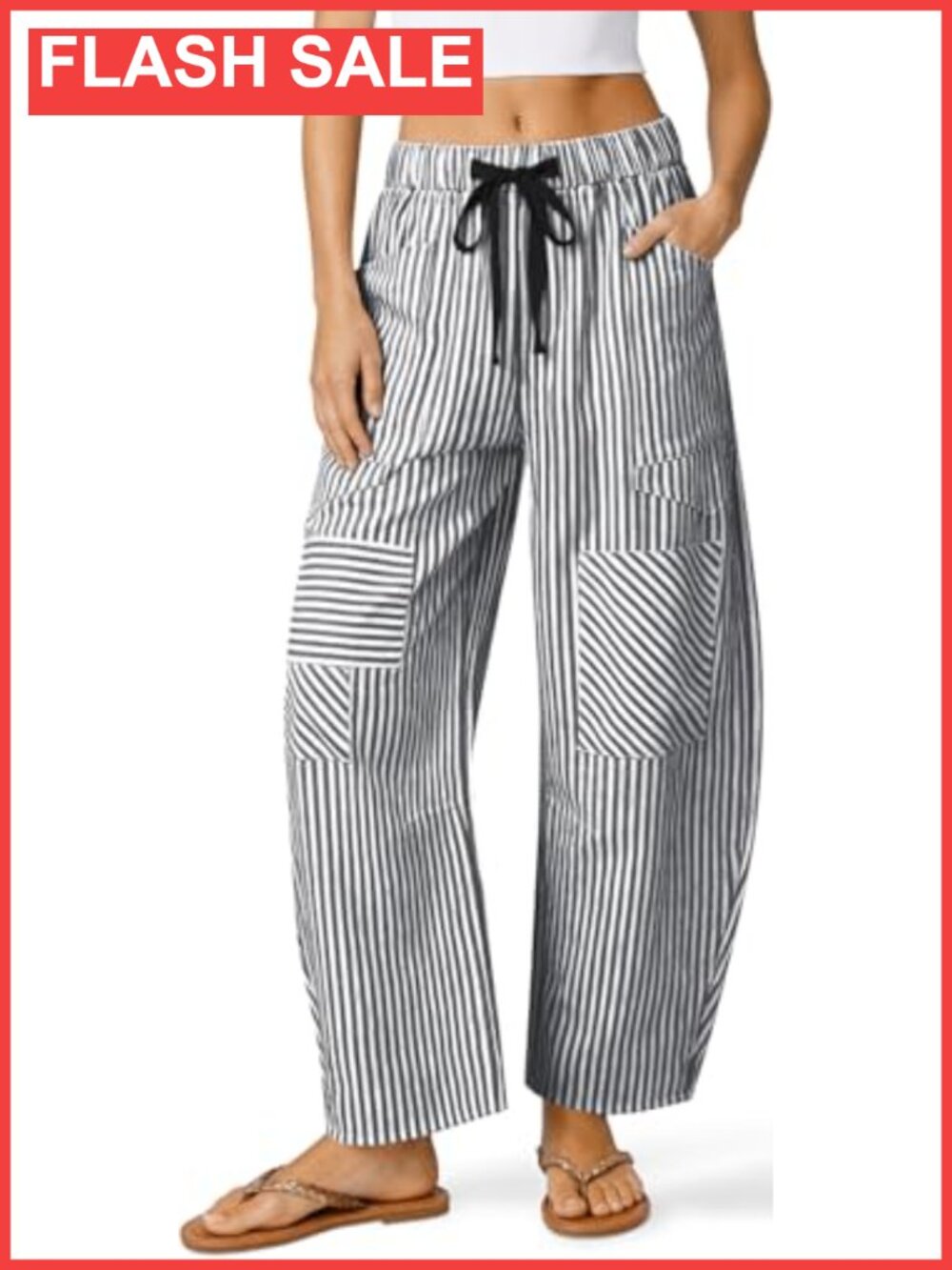 Womens Striped Linen Blend Barrel Pants Drawstring Pockets Y2K